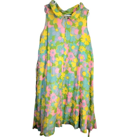 Vintage 60s Colorful Floral Mod Dress Women Medium Knee Length Collar 8 Summer M - Picture 2 of 14